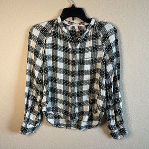 Anthropologie Pilcro Womens XS Breezy Wool Blend Plaid Button Down Black & Cream
